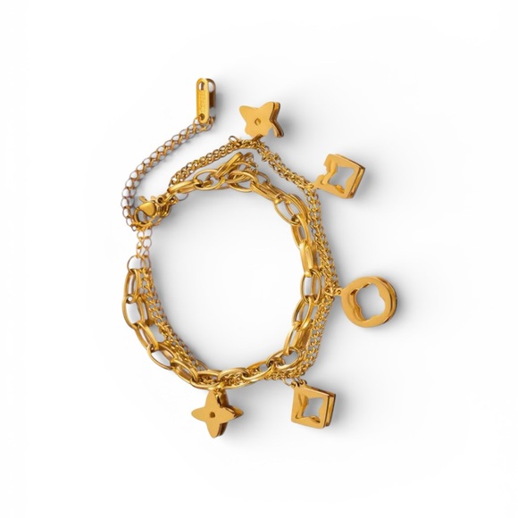 Gold Clover Charm Chain Bracelet Double-Layer Openwork - Picture 3 of 3